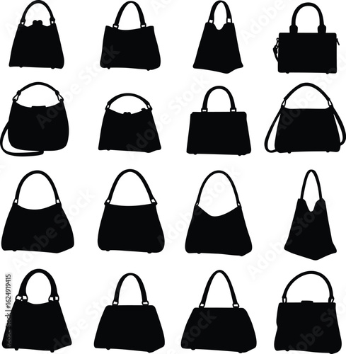 Black Handbag Silhouettes Collection: Diverse Vector Icons of Women's Fashion Accessories, Including Totes, Shoulder Bags, and Purses for Stylish Design Projects and Retail.