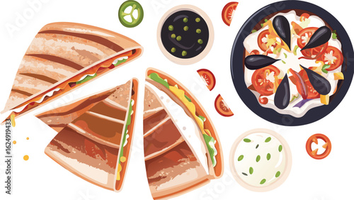 Illustration of quesadillas with various toppings and sauces arranged on a white background view
