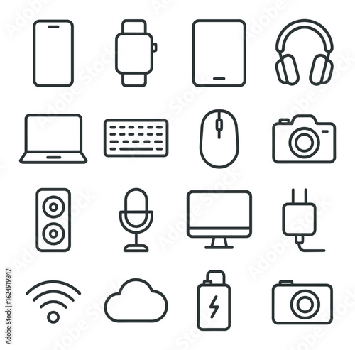 Minimalist electronic device icons set featuring gadgets and accessories