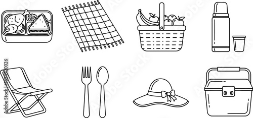 Collection of hand drawn picnic items for a summer outing