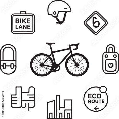 Urban Cycling Outline Icons Set   Commuter Bike, Helmet, Bike Lane, Lock, Messenger Bag, City Map, and Eco Route Symbols