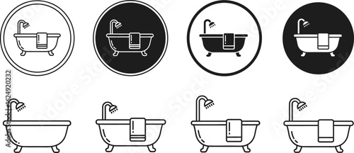 Collection of vintage bathtub icons in oval and silhouette styles