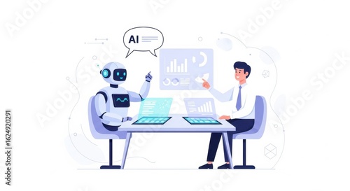 Illustrative depiction of artificial intelligence assisting human in data analysis and