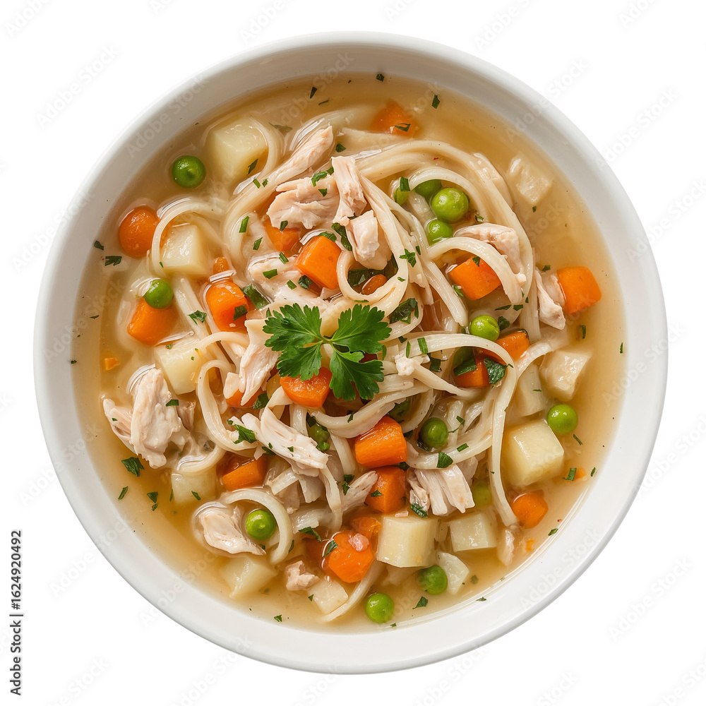 Comforting chicken noodle soup in a white bowl on isolated transparent setting presenting Comforting chicken noodle soup in a white bowl on isolated transparent setting presenting