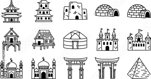 Collection of hand drawn architectural landmarks from around the world