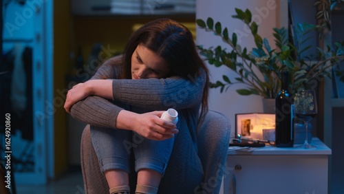 Εκτύπωση καμβά Woman disease pills drugs addict unhealthy feel bad health problem sad Caucasian