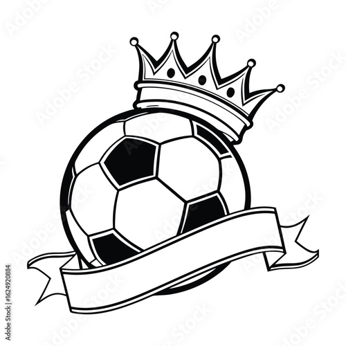 Hand drawn sketch of a soccer ball wearing a royal crown and a blank ribbon banner symbolizing championship victory and sporting excellence