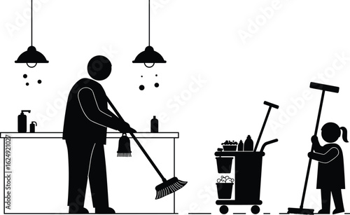 Silhouette of janitors cleaning with mop and cart in modern interior, housekeeping staff working together in hygiene maintenance concept.