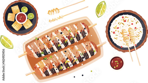 Overhead view of skewers with grilled food and side dishes including tofu and rice on plates arranged nicely