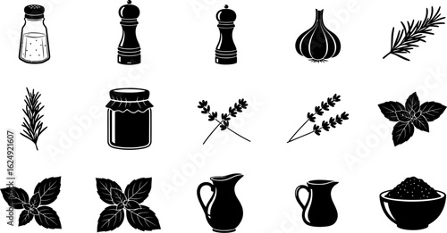 Collection of hand drawn culinary ingredients and seasonings in black and white