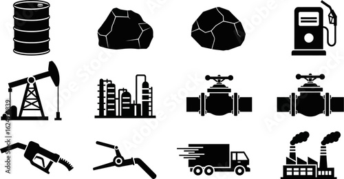 Collection of oil and gas industry icons and symbols in silhouette
