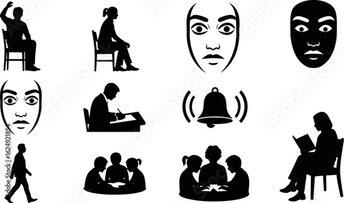 Collection of silhouetted figures and icons representing emotions and actions
