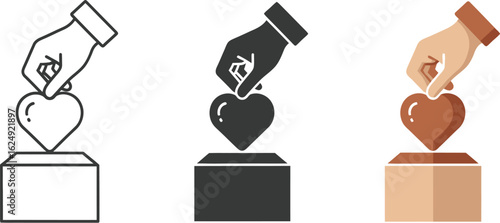 Three styles of hand donating a heart into a donation box