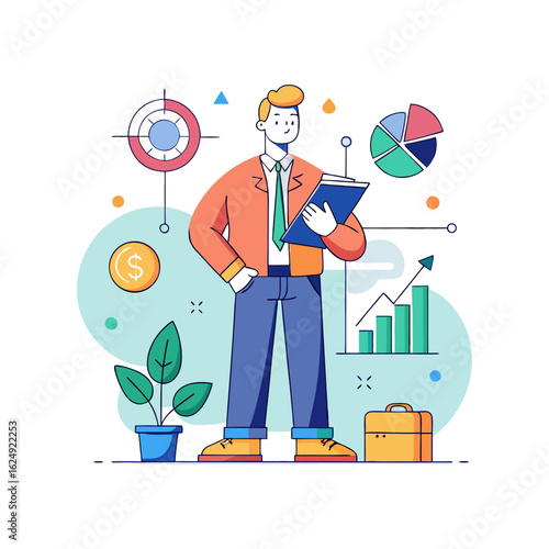 Confident Boss Analyzing Company Financial Performance with Charts and Data – Vector Illustration for Business Strategy, Profit, and Management Insights