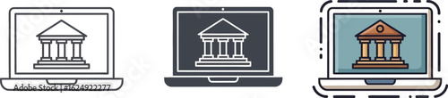 Laptop computers displaying a classical building icon representing online banking