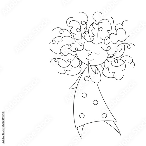Cute cartoon dreamy romantic girl with curly hair, pencil sketch, minimalism, isolate on white
