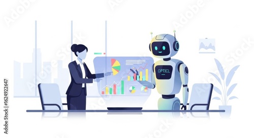 Human and AI collaborating for business presentation with graphs and charts in a modern office