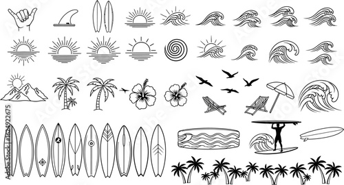 Collection of hand drawn surf and beach elements in black and white