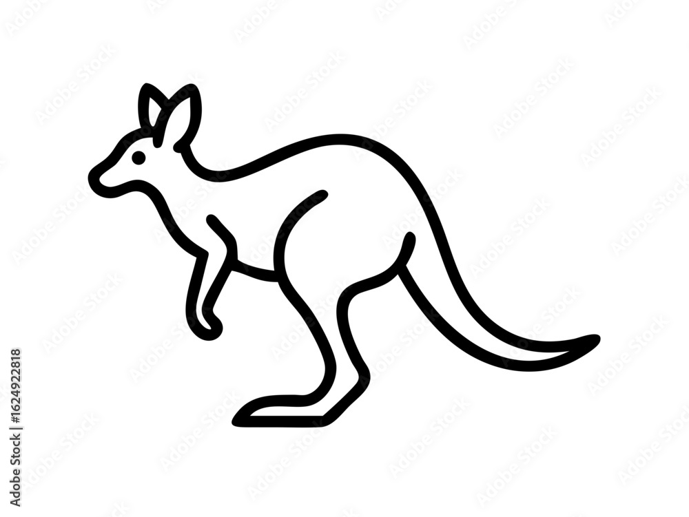 Fototapeta premium Simple black line drawing of a kangaroo in motion. A clean, minimalist black line illustration of a kangaroo in a dynamic leaping pose against a pure white background.