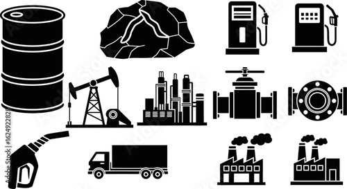 Collection of industrial energy resources and transportation icons
