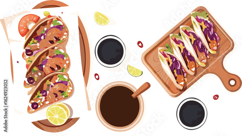 Overhead view of shrimp and vegetable tacos served with lime and dipping sauces on white background