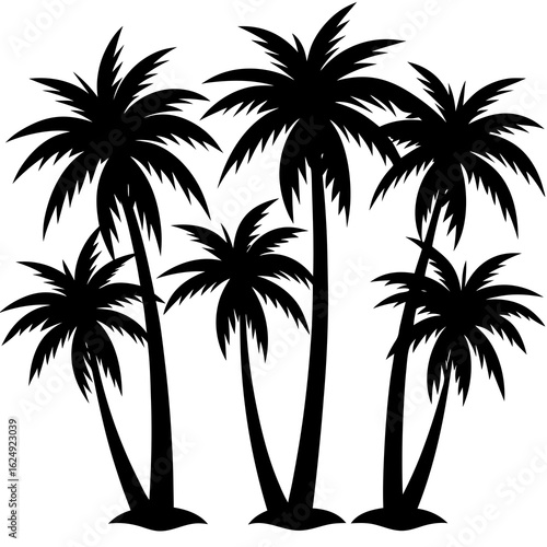 Black silhouette of a cluster of palm trees on a white background representing a tropical paradise