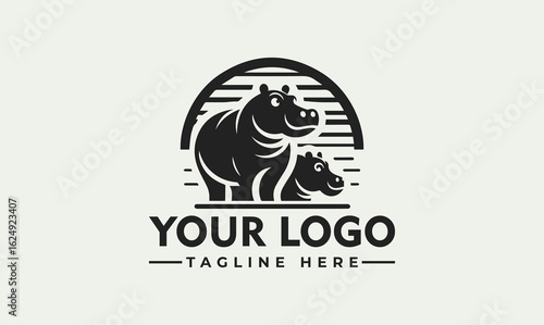 Graphic logo design featuring a mother and baby hippopotamus in dark silhouette, set against a stylized sun or water background.