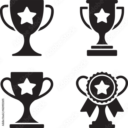 Flat Vector Trophy Icons with Star Emblem  Award Logo Set