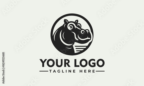 Simple black and white hippo logo design, circular frame,  head and shoulders view.