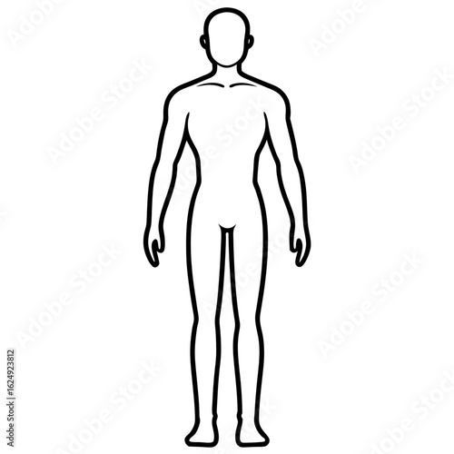 Simple outline silhouette of a full body human figure standing front view on white background
