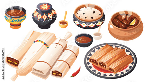 Illustration of various mexican dishes including tamales rice and sauces in decorative bowls and plates