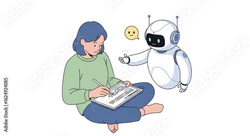 Illustrative depiction of a woman interacting with a friendly robot assistant, suggesting