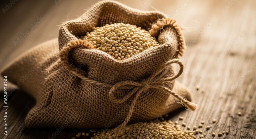 Fototapeta premium Rustic burlap sack filled with wholesome grains displayed on weathered wooden surface emphasizing