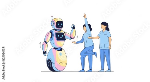 Rehabilitation scenario displaying a modern robot interacting with nurses and a patient