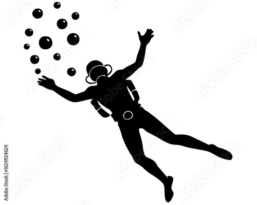 Silhouette of a scuba diver ascending through the water releasing bubbles towards the surface