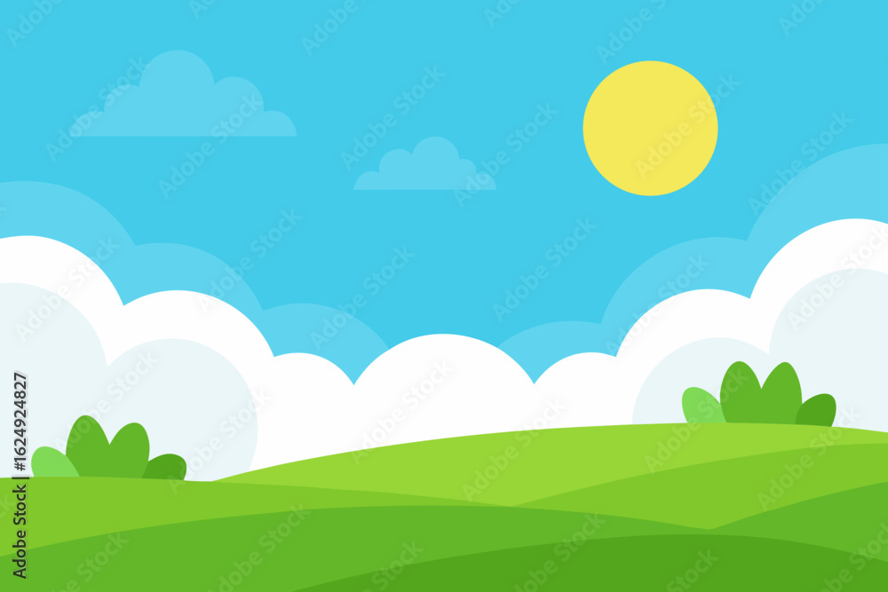 Stylized green rolling hills under a bright blue sky with fluffy white clouds and a yellow sun Stylized green rolling hills under a bright blue sky with fluffy white clouds and a yellow sun