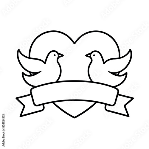 Two love doves with a heart and banner outline