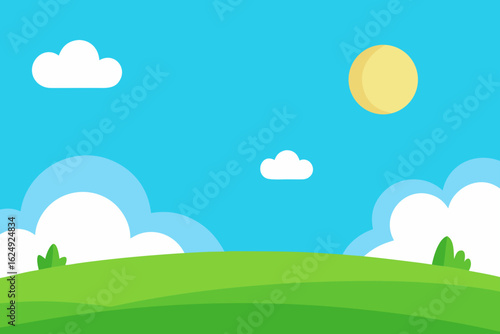 Bright sunny day with fluffy clouds over rolling green hills and blue sky