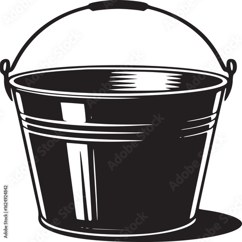 A black and white illustration of a bucket with a handle on a white background simple design