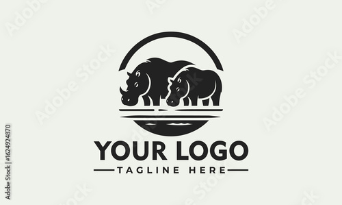 Graphic logo design featuring hippopotamus family  in dark silhouette, set against a stylized sun or water background.
