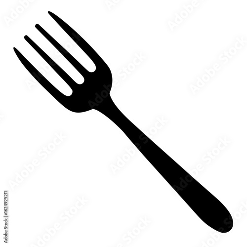 Simple black silhouette of a four tined fork isolated on a clean white background