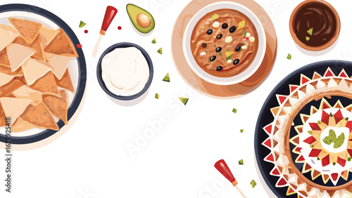 Overhead view of a spread of mexican food including nachos, chili, avocado, and salsa dishes