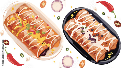 Two plates of enchiladas topped with sauce and garnishes with peppers and onion slices around it