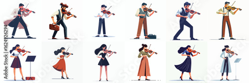 Collection of Male and Female Violinist Characters Playing Music