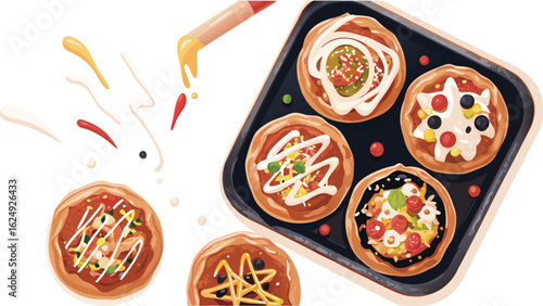 A collection of mini pizzas with various toppings arranged on a baking sheet with sauces nearby