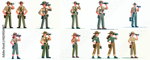 Set of Male and Female Park Ranger Characters in Uniform with Binoculars