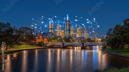 Melbourne's Connected Skyline: A Nighttime Panorama of Modern Cityscape and Networked Technology