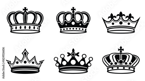 Crowns in black and white collection of ornate royal  line art unique style illustration set