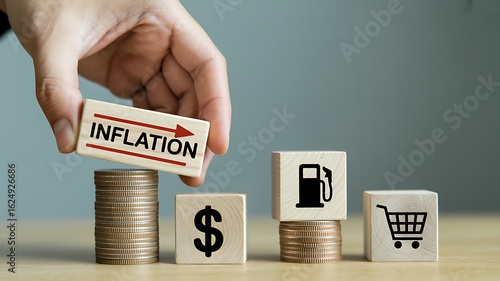 Photo of rising inflation impacting economy, gas prices, and consumer spending with stacks of coins and wooden blocks