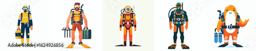 Vector Set of Scuba Divers and Deep Sea Diver Characters